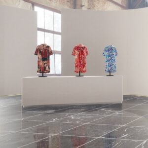 Textile collection displayed in a stylish digital showroom with 3D models on pedestals.