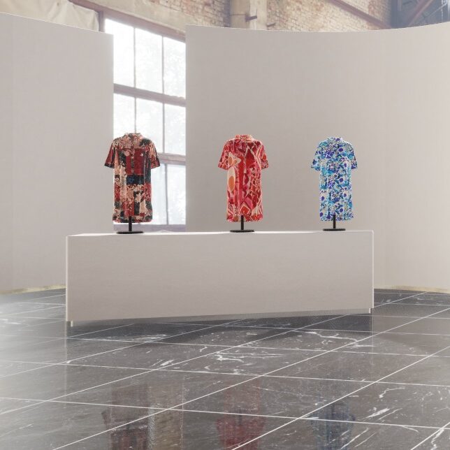 Textile collection displayed in a stylish digital showroom with 3D models on pedestals.