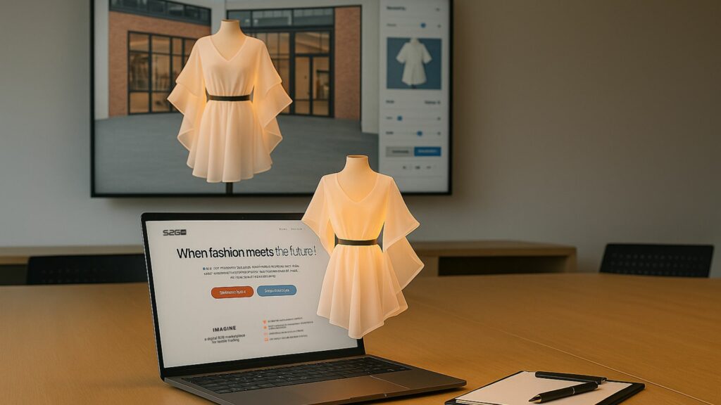 3D garment configuration using the S2G XR platform projected in a meeting room, with the interface shown on a laptop screen