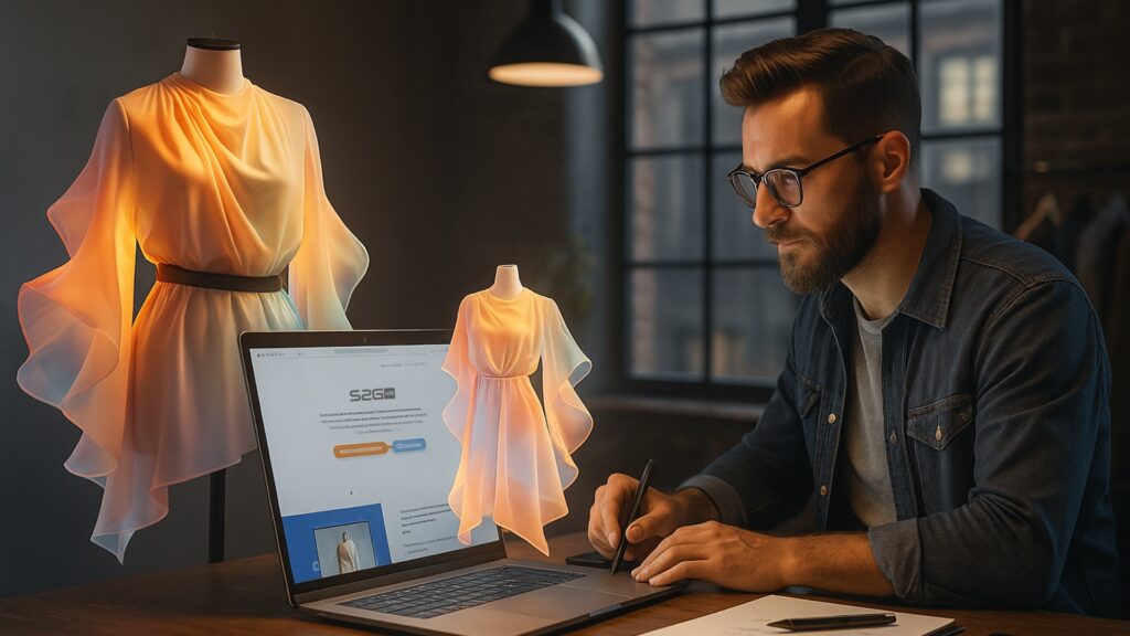 Textile designer working on a 3D garment using the S2G XR platform, with a digital fashion configurator on the laptop screen