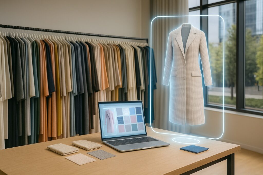 A laptop showing fabric swatches and a 3D clothing configurator in a modern textile showroom, with a holographic coat displayed above the desk and real fabric samples placed beside the computer.