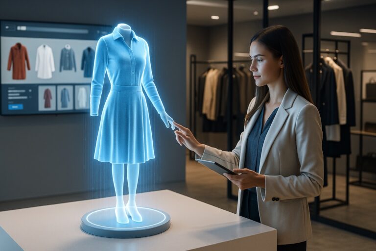 Woman interacting with a holographic 3D garment in a digital showroom environment, with a touchscreen tablet in hand and physical garments displayed in the background.
