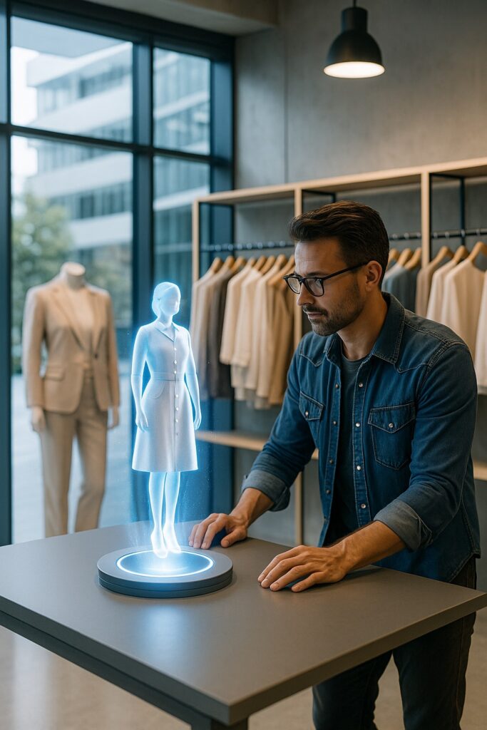Man interacting with a 3D holographic female fashion model displayed on a digital platform in a modern textile or fashion showroom.