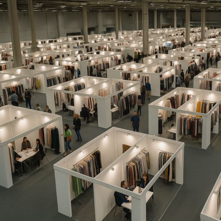Vue aérienne d’un salon textile européen avec des dizaines de stands exposant des matières, tissus et collections à destination des professionnels de la mode et du sourcing.