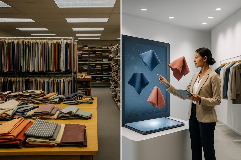 Side-by-side image of a traditional fabric showroom with physical swatches and a digital textile showroom featuring a woman interacting with 3D fabric samples on a touchscreen.