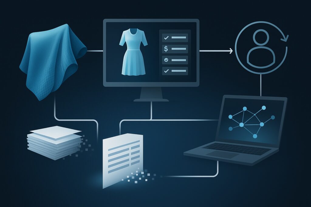 Digital illustration showing a connected system with fabric swatches, documents, a computer screen displaying a dress configurator, a laptop with a neural network, and a user icon – representing online textile sourcing.