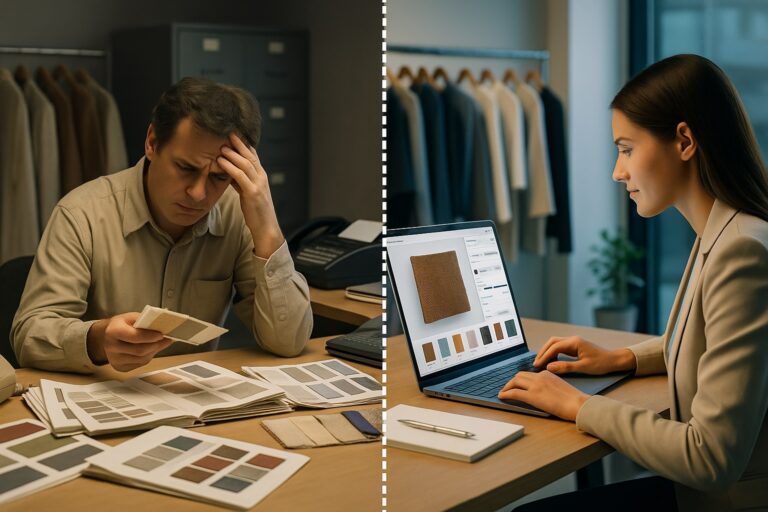 Visual comparison between traditional textile sourcing (stressed man with fabric samples) and digital sourcing (focused woman using an online platform).