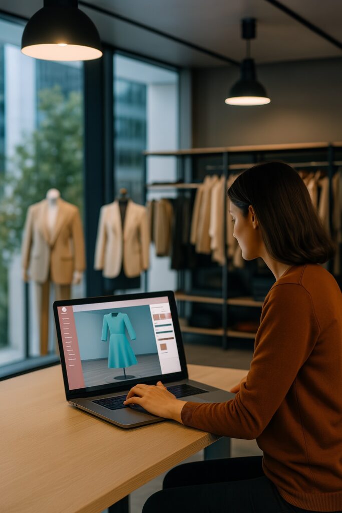 Woman in a fashion showroom using a digital textile sourcing platform on a laptop, displaying a 3D dress on screen.