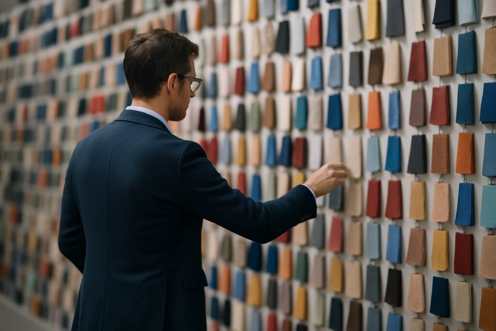 A man in a suit stands in front of a massive wall covered with hundreds of colorful textile swatches.