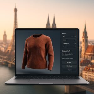Digital textile sourcing interface displayed on a laptop, showing a 3D garment and filters; in the blurred background, iconic landmarks from Paris, Milan, and Munich.