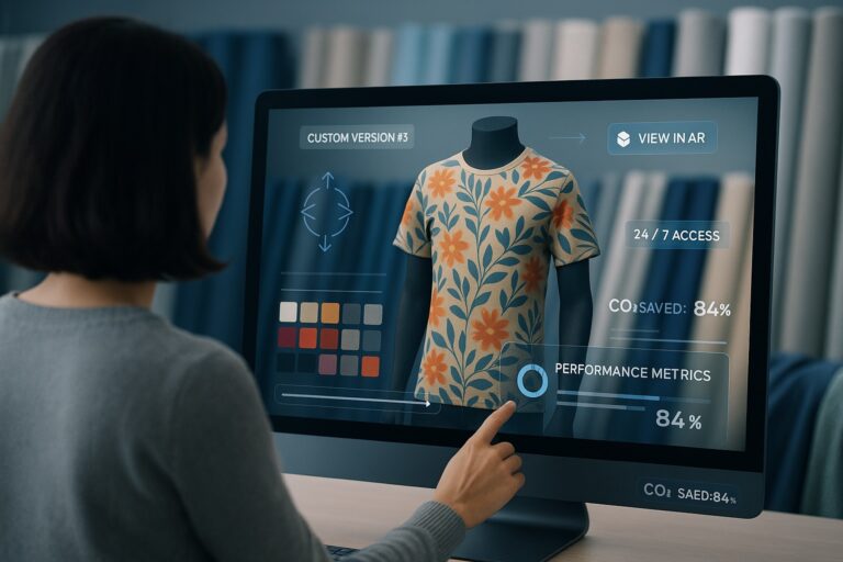 A woman interacts with a digital textile showroom on a computer screen, customizing a floral t-shirt pattern and viewing performance metrics in a 3D interface.