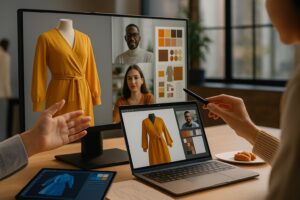 3D textile visualization on the S2G XR configurator, displayed on a tablet screen.