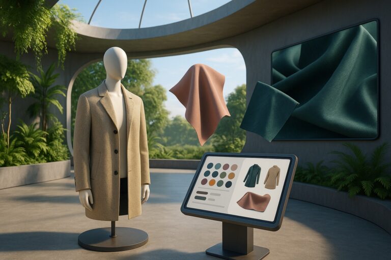 A virtual textile showroom displays a coat on a mannequin, floating fabric samples and a digital screen interface for choosing colors and styles in a futuristic setting.