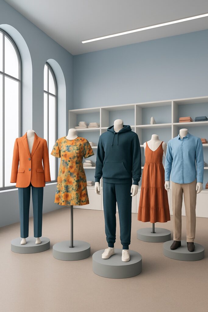 A 3D-rendered showroom with five mannequins wearing different outfits, set against a pastel-colored interior with shelves and soft lighting.
