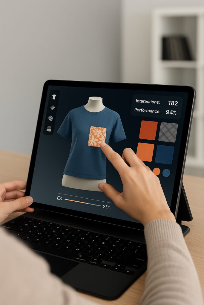 Touchscreen interface of a 3D textile configurator showing a beige jacket, with fabric swatches on a table in a showroom setting.