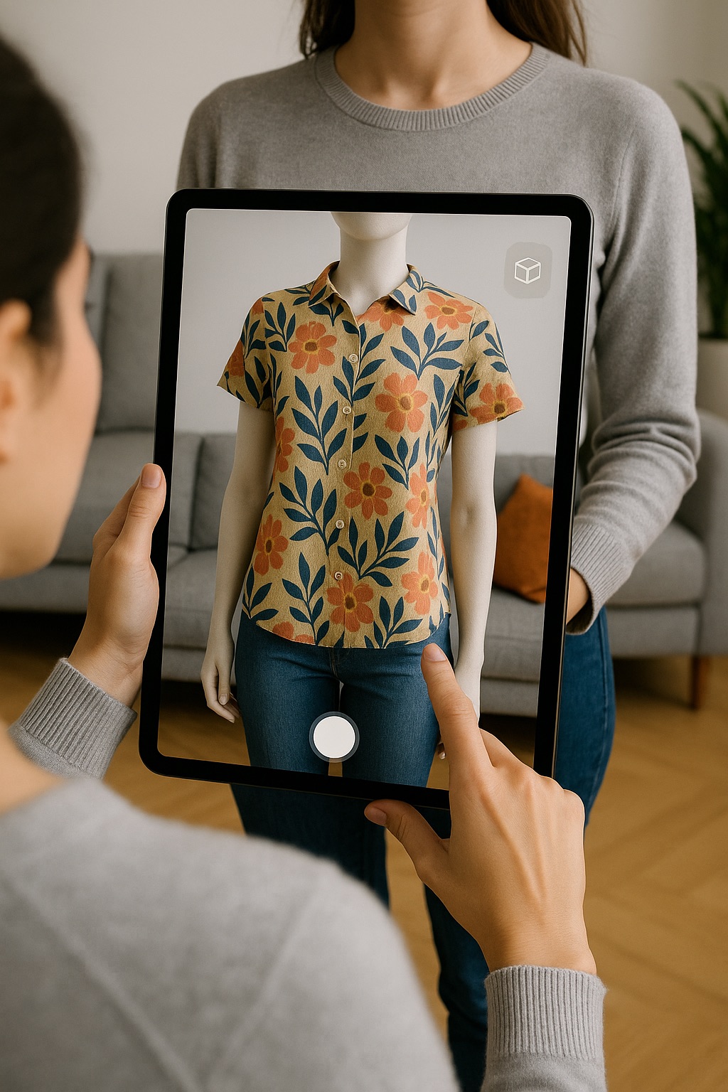 A person uses a tablet to view a digital shirt overlaid on a mannequin through augmented reality, showcasing a floral textile design.