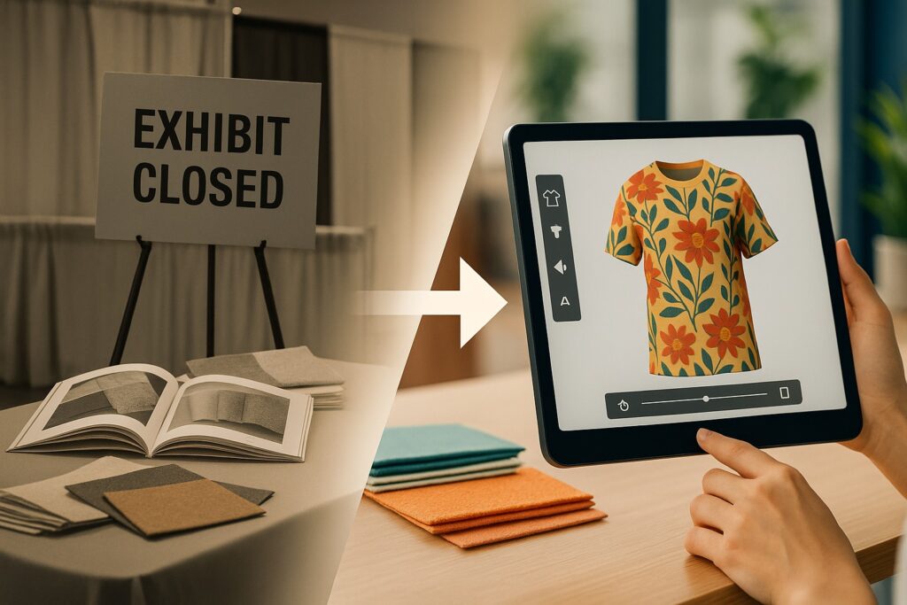 Visual transition from a closed textile booth to an interactive digital configurator on tablet.