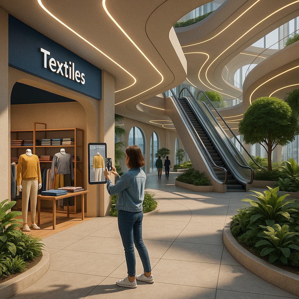 A woman uses a tablet to explore virtual clothing in front of a textile store inside a futuristic mall, representing an immersive fashion experience in the metaverse.