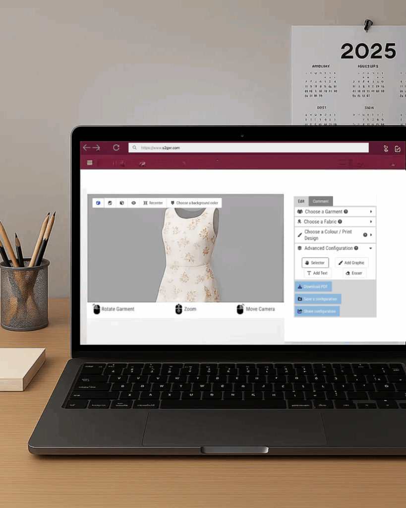S2G XR textile configurator interface on a laptop showing a 3D virtual dress.