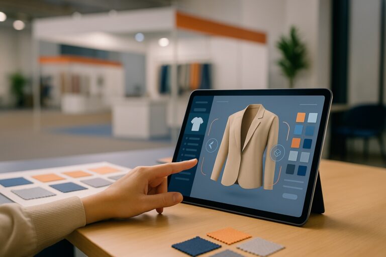 Touchscreen interface of a 3D textile configurator showing a beige jacket, with fabric swatches on a table in a showroom setting.