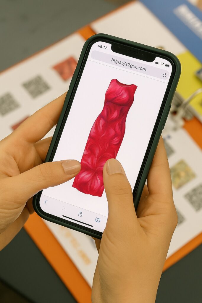 Hand holding a smartphone displaying a 3D textile configurator with a red dress design