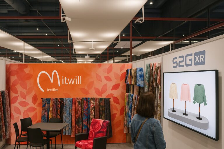 A woman watching the S2G XR 3D configurator on a screen at the Mitwill Textiles booth during a trade fair