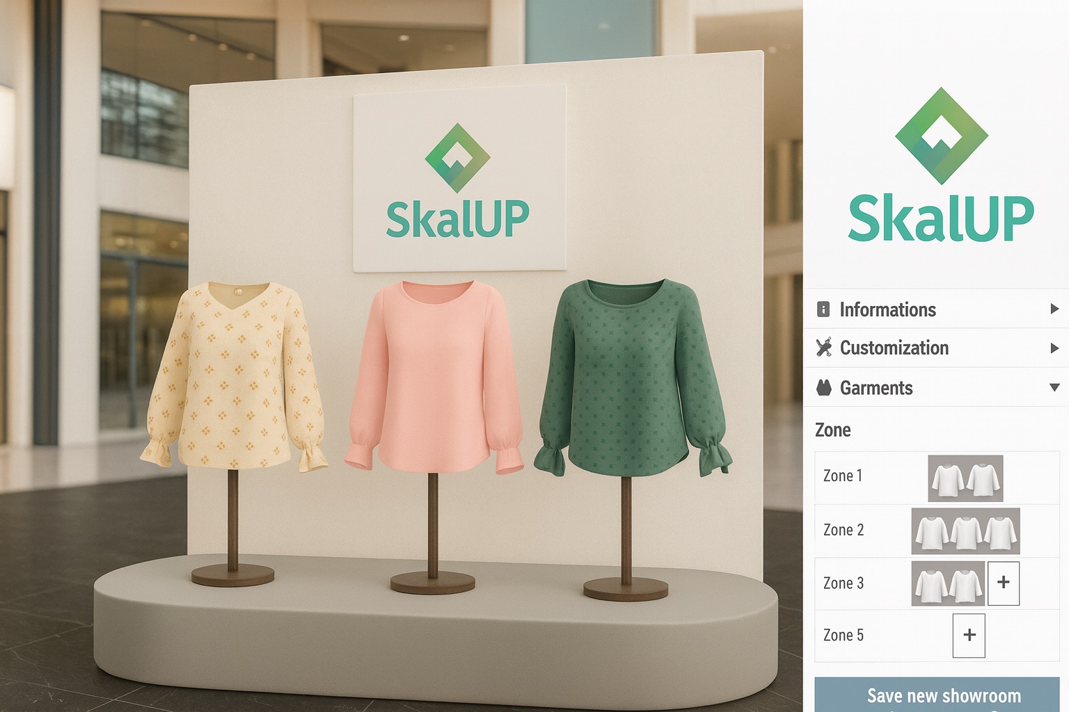 Three blouses on display in the digital 3D textile showroom S2G interface