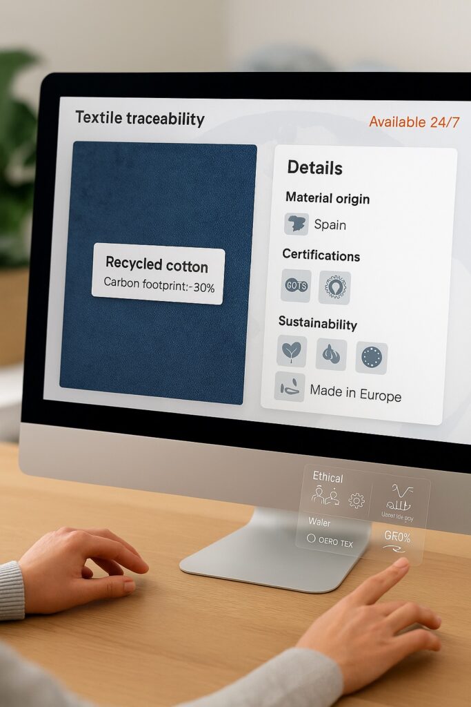 Screen showing the traceability sheet of a recycled cotton fabric with origin, labels and carbon footprint.