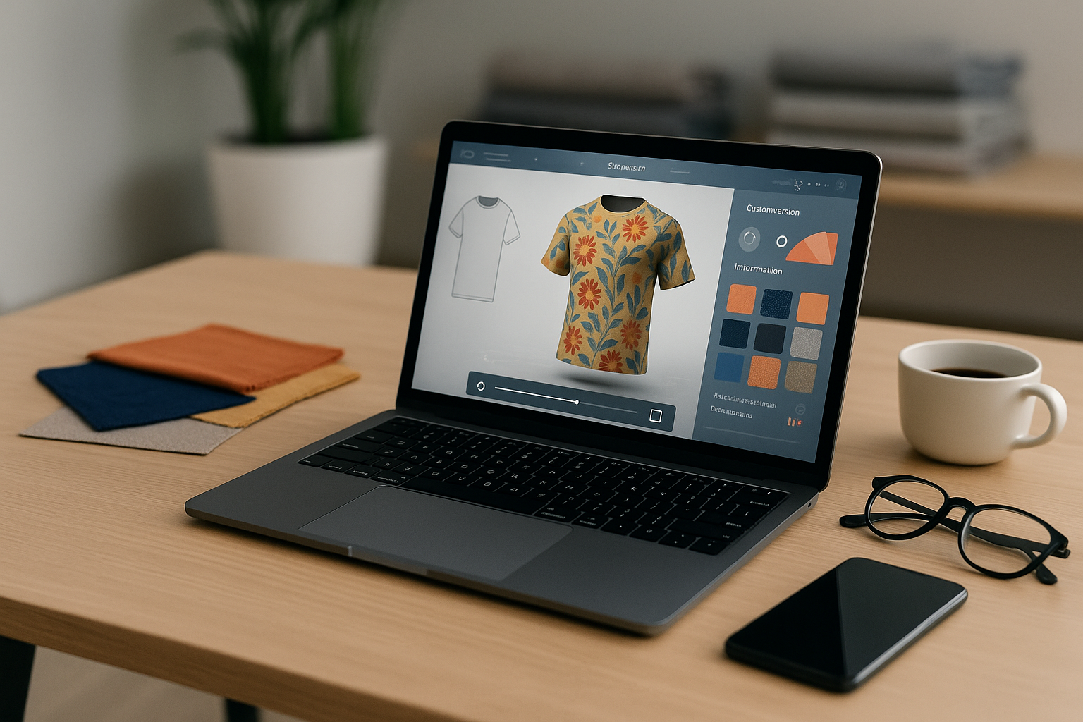 A laptop on a desk displays a 3D garment configurator with a floral t-shirt design, alongside fabric swatches, a smartphone, and a coffee cup.