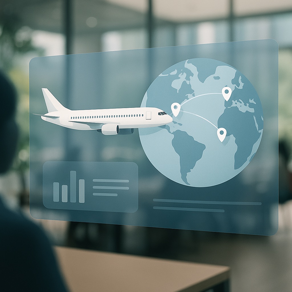 Digital illustration of a large commercial terminal with global business avatars interacting through floating screens.
