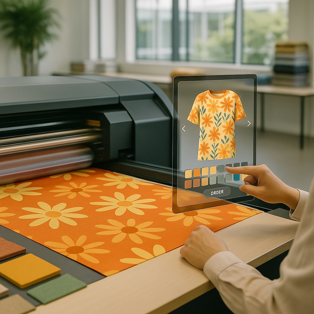 An automated textile production line with fabric rolls and robotic arms moving materials efficiently.