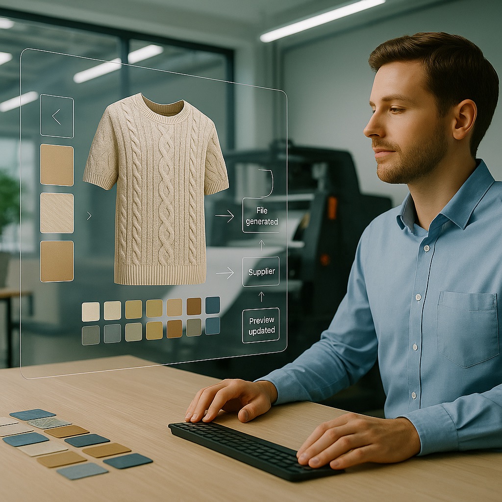 A man sitting at a desk, interacting with a digital textile platform displaying fabric customization options on a floating interface.