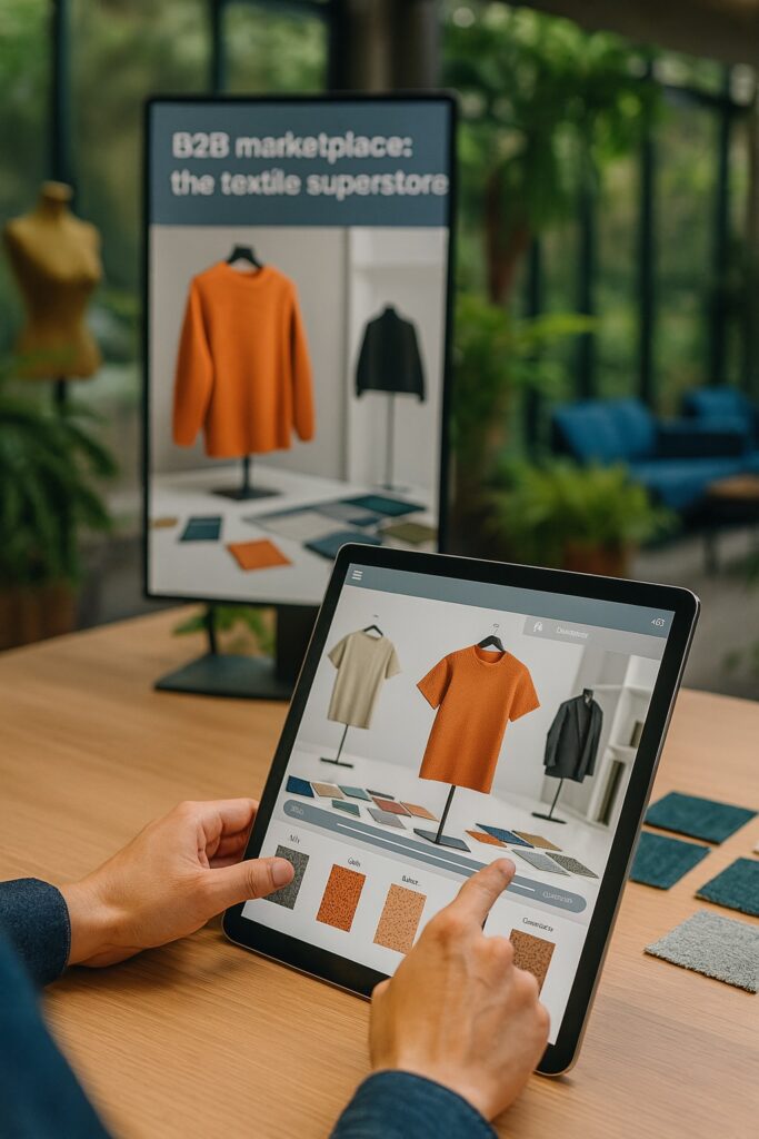 A person uses a tablet to explore textile samples and garments in a B2B marketplace interface, with fabric swatches and clothing models displayed digitally.