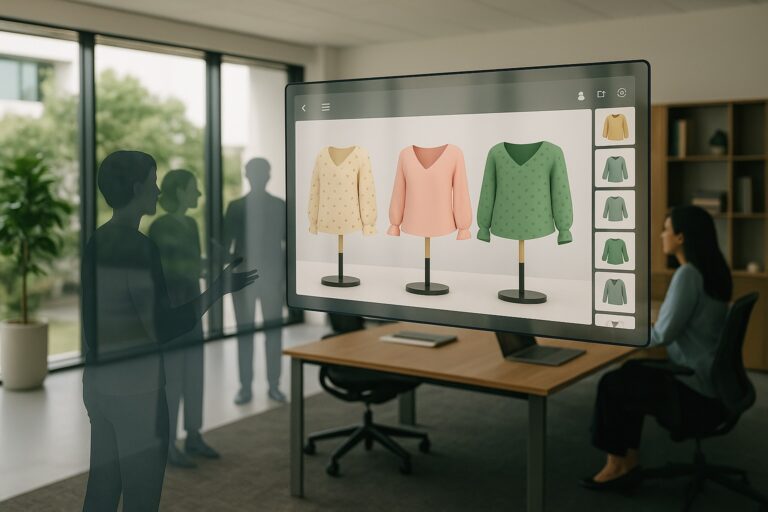 Digital showroom interface displaying textile collaboration between avatars in a modern office