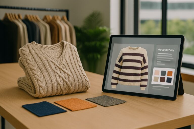 A textile designer showcasing a striped knitted sweater on a digital interface in a modern workspace