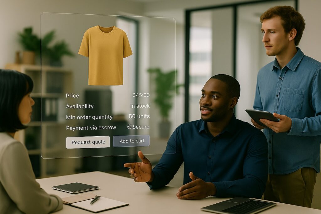 Three fashion professionals collaborating in a modern office with a transparent screen showing product details and pricing.