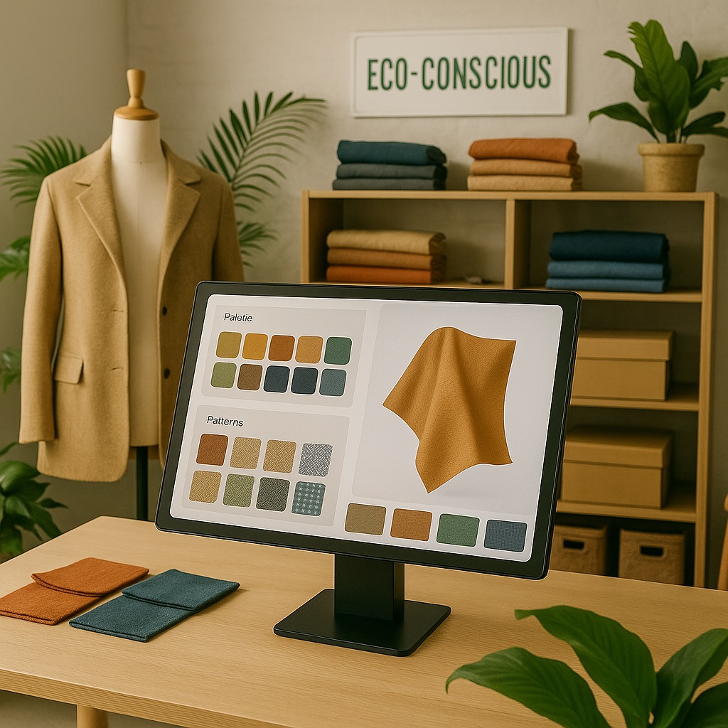 A modern eco-conscious textile showroom featuring plants, recycled materials and a digital configurator screen.