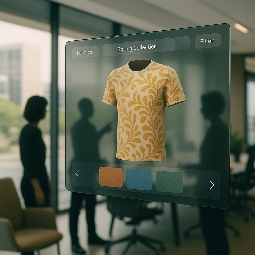 Floating digital showroom screen in a modern office with textile professionals collaborating.