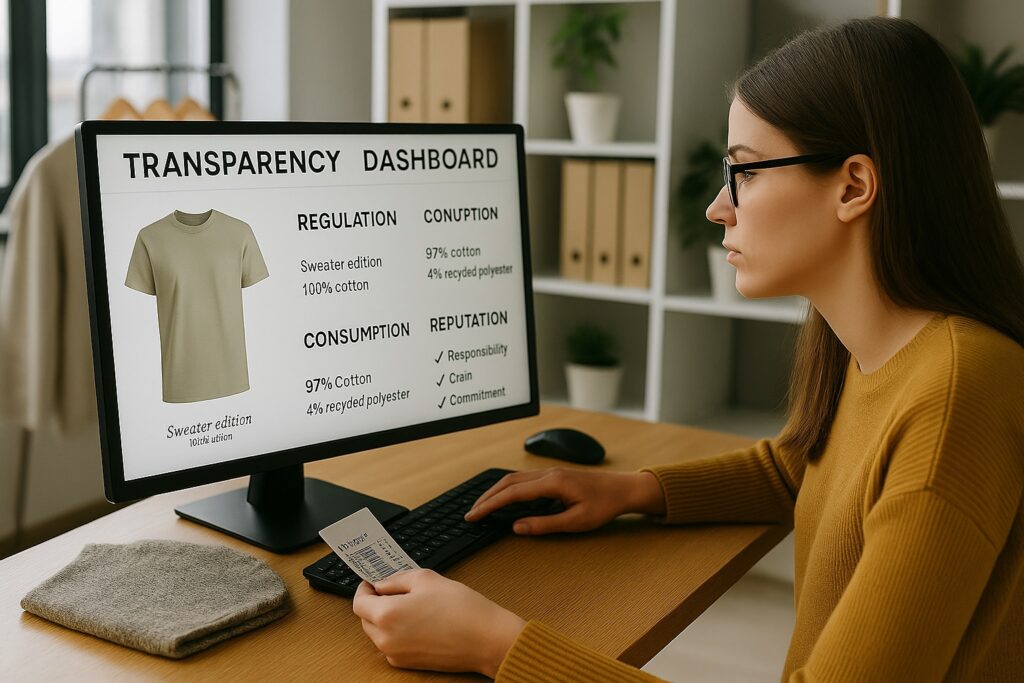 Woman analyzing garment traceability data on screen in a digital textile workspace