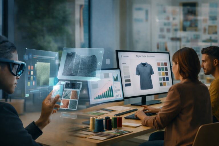 A modern textile design office showing a woman using AR glasses to interact with holographic fabric samples, while two colleagues examine a digital textile showroom and sales dashboard on dual monitors.
