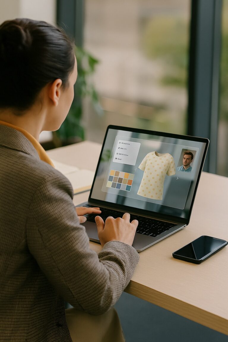 Woman viewing a virtual textile showroom on laptop with sales analytics on second screen