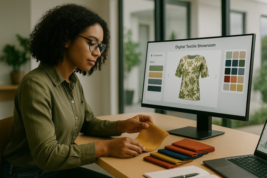 Woman using a virtual textile showroom for B2B sourcing and fabric customization.