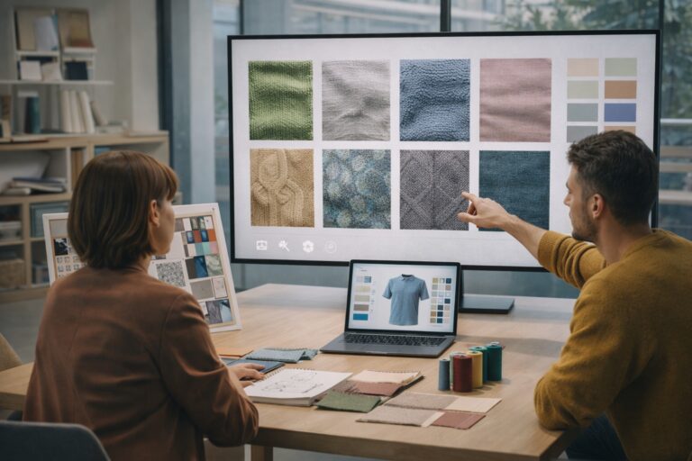 Two professionals collaborating in a modern textile design studio, reviewing fabric swatches on a large screen and 3D clothing mockup on a laptop.
