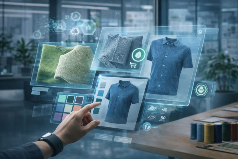 A realistic high-resolution digital photograph showing a person interacting with a holographic textile showroom interface. The display includes fabric swatches, a 3D shirt configurator, and sustainability icons, illustrating innovation in digital fashion sourcing.