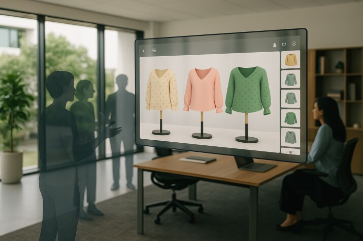 Digital showroom interface displaying textile collaboration between avatars in a modern office