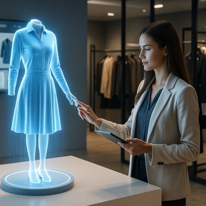 Woman interacting with a holographic 3D garment in a digital showroom environment, with a touchscreen tablet in hand and physical garments displayed in the background.