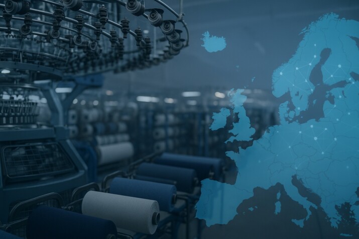 Industrial textile factory with a transparent map of Europe representing traceability and digital textile sourcing.