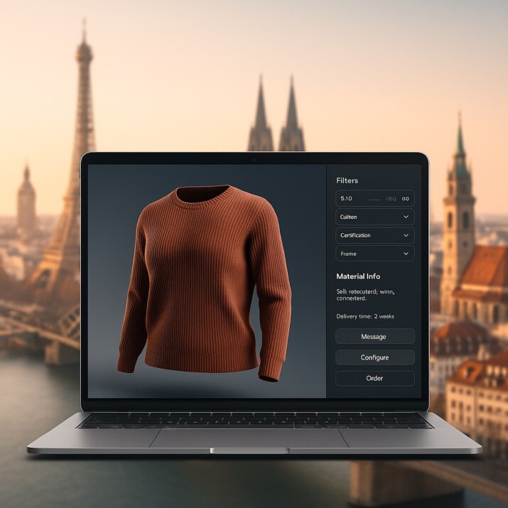 Digital textile sourcing interface displayed on a laptop, showing a 3D garment and filters; in the blurred background, iconic landmarks from Paris, Milan, and Munich.