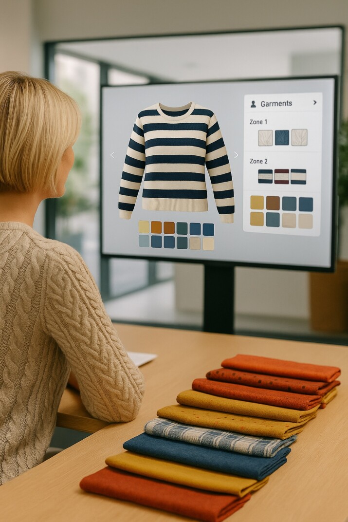 A woman selects fabric and color options for a striped sweater using a virtual textile configurator on a screen, with samples laid out on a desk.